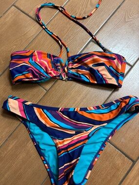 Roxy Women's Blue Orange Purple Pink Patterned Bandeau Bikini